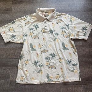 Paradise Blue Mens Large Hawaiian Tan Floral Tropical Drinks Short Sleeve Shirt